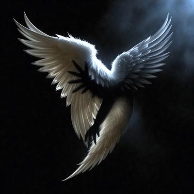 The primary subject of the image is a white angel wing, which is the main focus of the image. The setting is a dark background, creating a dramatic contrast with the white wing. The visual style is a combination of photo and digital art, as the wing appears to be a blend of both. The colors are predominantly black and white, with the white wing standing out against the dark background. The overall atmosphere of the image is one of mystery and intrigue, as the viewer is drawn to the wing and its connection